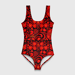 Купальник-боди 3D женский Хохломская роспись красные цветы и ягоды на чёрном, цвет: 3D-принт
