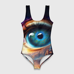 Купальник-боди 3D женский Голубой глаз в небе над домами на вершине горы, цвет: 3D-принт
