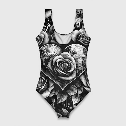 Женский купальник-боди Черно белое сердце и розы / 3D-принт – фото 2
