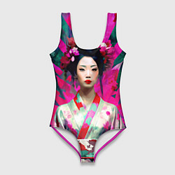 Купальник-боди 3D женский Сад сакуры - гейша в традиционном японском кимоно, цвет: 3D-принт