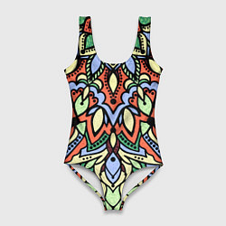 Женский купальник-боди Мандала зелёно-оранжевый
