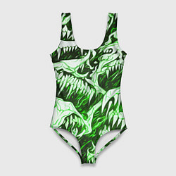 Женский купальник-боди Белые клыки на зелёном фоне