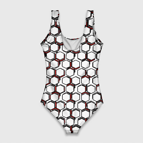 Женский купальник-боди Киберпанк узор из шестиугольников красный / 3D-принт – фото 2