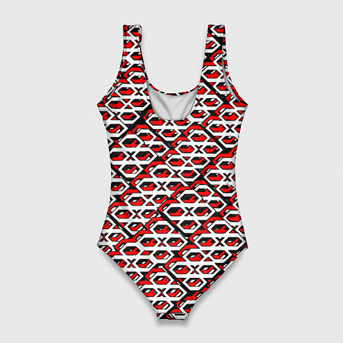 Женский купальник-боди Красно-белый узор на чёрном фоне / 3D-принт – фото 2