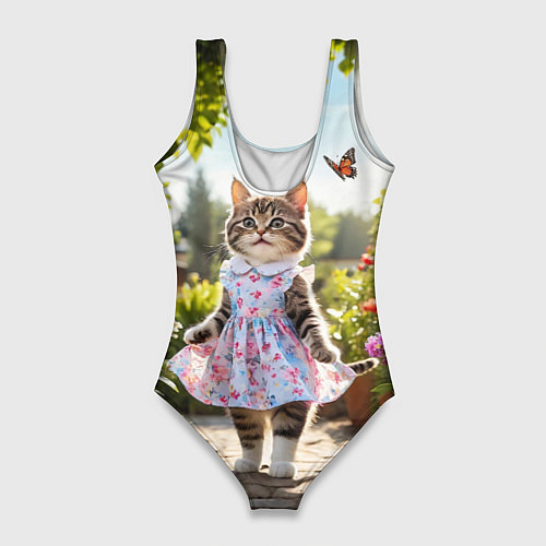 Женский купальник-боди Кошка в летнем платье в саду / 3D-принт – фото 2