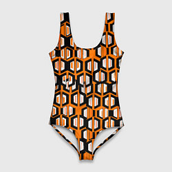 Купальник-боди 3D женский Техно узор из шестиугольников оранжевый, цвет: 3D-принт