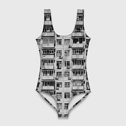 Купальник-боди 3D женский Панелька в черно-белых тонах, цвет: 3D-принт