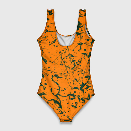 Женский купальник-боди Оранжевый с брызгами зеленой краски / 3D-принт – фото 2