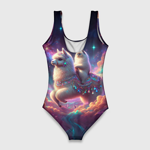 Женский купальник-боди Космос и кот едет верхом на альпаке / 3D-принт – фото 2