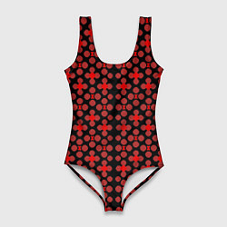 Женский купальник-боди Красные четырёхлистники на чёрном фоне