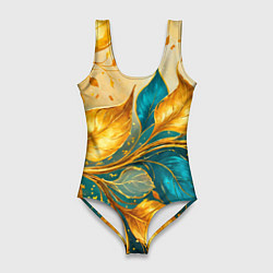 Женский купальник-боди Листья абстрактные золото и бирюза