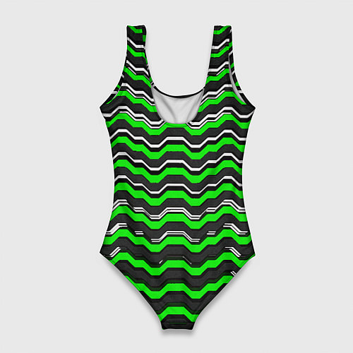 Женский купальник-боди Белые и зелёные полосы на чёрном фоне / 3D-принт – фото 2