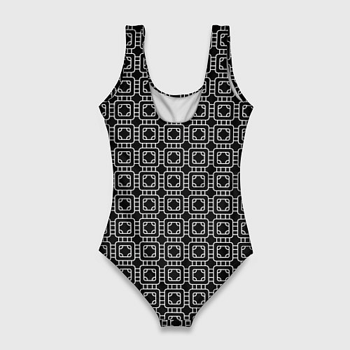 Женский купальник-боди Белый геометрический узор на черном фоне / 3D-принт – фото 2