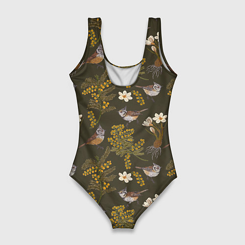 Женский купальник-боди Хохлатые синицы и мимоза паттерн / 3D-принт – фото 2