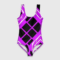 Купальник-боди 3D женский Чёрные квадраты и белые полосы на фиолетовом фоне, цвет: 3D-принт