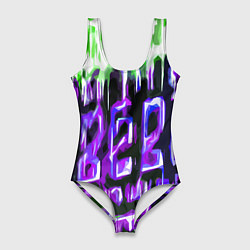 Купальник-боди 3D женский Фиолетово-зелёная абстракция на чёрном фоне, цвет: 3D-принт