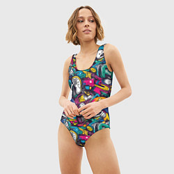 Купальник-боди 3D женский Граффити спортивные принадлежности, цвет: 3D-принт — фото 2