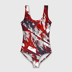 Купальник-боди 3D женский Геометрическая абстракция линии на красном, цвет: 3D-принт