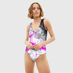 Купальник-боди 3D женский Бело-розовая абстракция на чёрном фоне, цвет: 3D-принт — фото 2