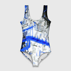 Купальник-боди 3D женский Сине-белая абстракция на чёрном фоне, цвет: 3D-принт