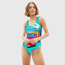 Купальник-боди 3D женский Кассеты и надпись 90s, цвет: 3D-принт — фото 2