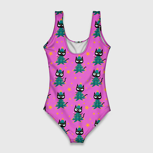 Женский купальник-боди Черный кот в костюме новогодней елки паттерн / 3D-принт – фото 2