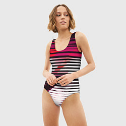 Купальник-боди 3D женский Красно-чёрные полосы на белом фоне, цвет: 3D-принт — фото 2
