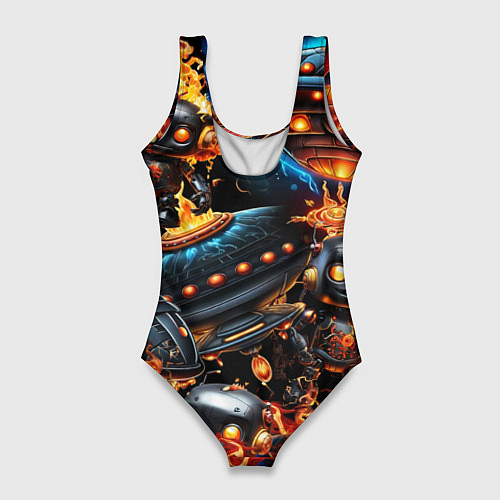 Женский купальник-боди Соник и Наклз на фоне огня и роботов / 3D-принт – фото 2