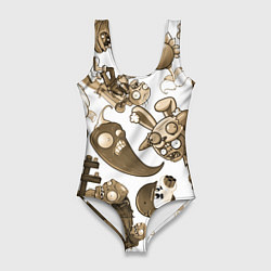 Купальник-боди 3D женский Растения против зомби в бежевых тонах, цвет: 3D-принт