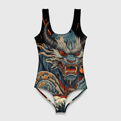 Женский купальник-боди Японский дракон и волны в стиле тату ирезуми
