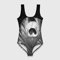 Купальник-боди 3D женский Изогнутые белые перья павлина - чб иллюстрация, цвет: 3D-принт