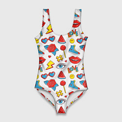 Купальник-боди 3D женский Паттерн с яркими молодежными стикерами, цвет: 3D-принт