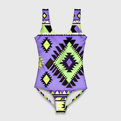 Купальник-боди 3D женский Геометрический сиренево желтый орнамент ацтеков, цвет: 3D-принт
