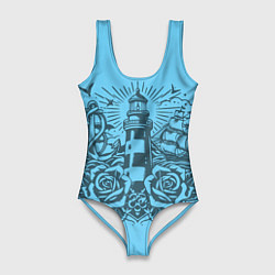 Женский купальник-боди Маяк с розами и кораблем