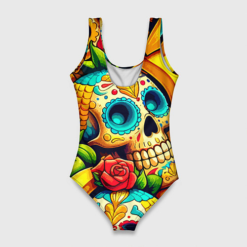 Женский купальник-боди Colorfull skulls and bananas - pop art pattern / 3D-принт – фото 2