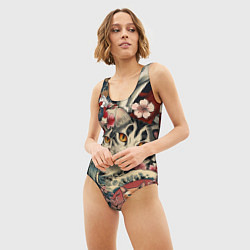 Купальник-боди 3D женский Котики и рыбки в сакуре, цвет: 3D-принт — фото 2