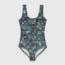 Купальник-боди 3D женский Бордово-голубой квадратный паттерн, цвет: 3D-принт