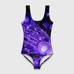 Купальник-боди 3D женский Силуэты цветов на темном фоне - фиолетовое свечени, цвет: 3D-принт