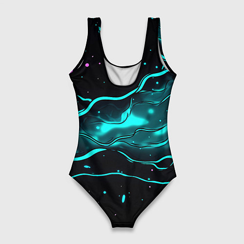 Женский купальник-боди Голубые неоновые волны текстура / 3D-принт – фото 2