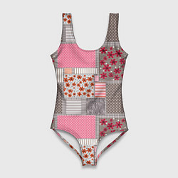 Женский купальник-боди Розово-серые разноцветные лоскуты