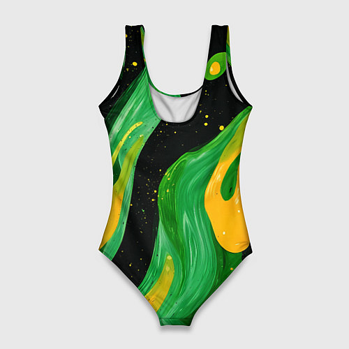 Женский купальник-боди Зелено-желтая краска на черном / 3D-принт – фото 2