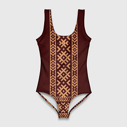 Купальник-боди 3D женский Золотой узор на бордовом - вышиванка рубаха, цвет: 3D-принт