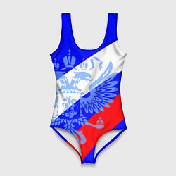 Женский купальник-боди Герб России на фоне триколора синий