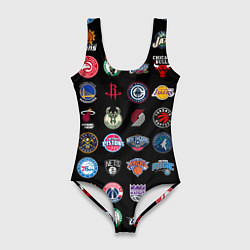 Купальник-боди 3D женский Команды НБА на черном фоне, цвет: 3D-принт