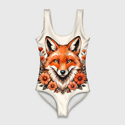 Купальник-боди 3D женский Japanese fox in flowers, цвет: 3D-принт