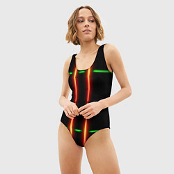 Купальник-боди 3D женский Neon green black red line, цвет: 3D-принт — фото 2