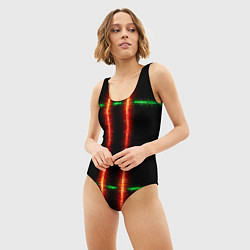 Купальник-боди 3D женский Color black green red lines, цвет: 3D-принт — фото 2