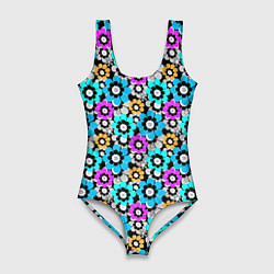 Женский купальник-боди Разноцветные цветы бирюзовые малиновые синие