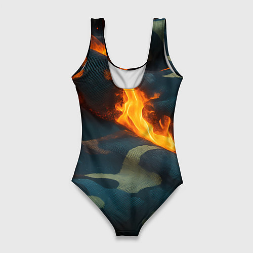 Женский купальник-боди Огонь на камуфляжной ткани / 3D-принт – фото 2
