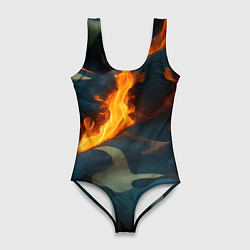 Женский купальник-боди Огонь на камуфляжной ткани